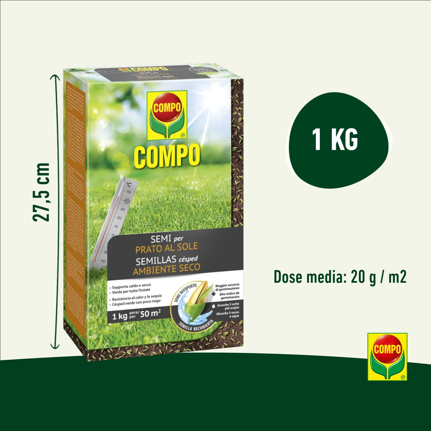 COMPO SEMI per Prato al Sole, Miscela Speciale, Seme Ricoperto, Germinazione Rapida, Per Prati Soleggiati, 1 kg