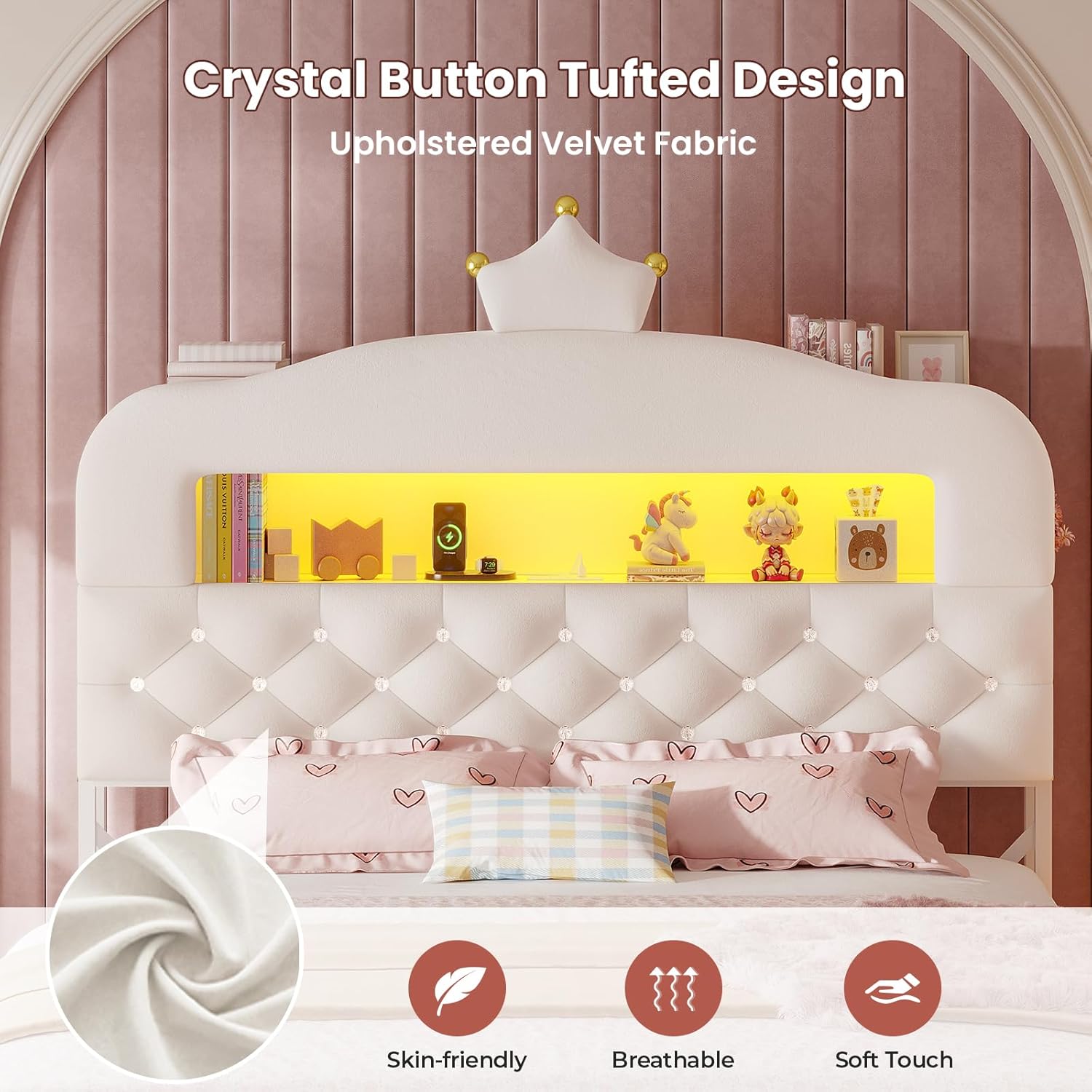 ADORNEVE Twin Upholstered LED Bed Frame with 2-Tier Storage Bookcase, Velvet Princess Platform Bed for Kids/Girls, Headboard with Charging Station & Crystal Button & Crown, No Box Spring Needed,White