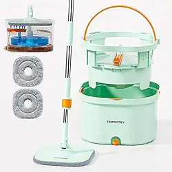 Mop com Sistema de Separação de Sujeira, Mop Lava e Seca para Limpeza de Pisos e Paredes com 2 Discos de Microfibra, Mop Duplo Balde Verde para Água Limpa e Suja