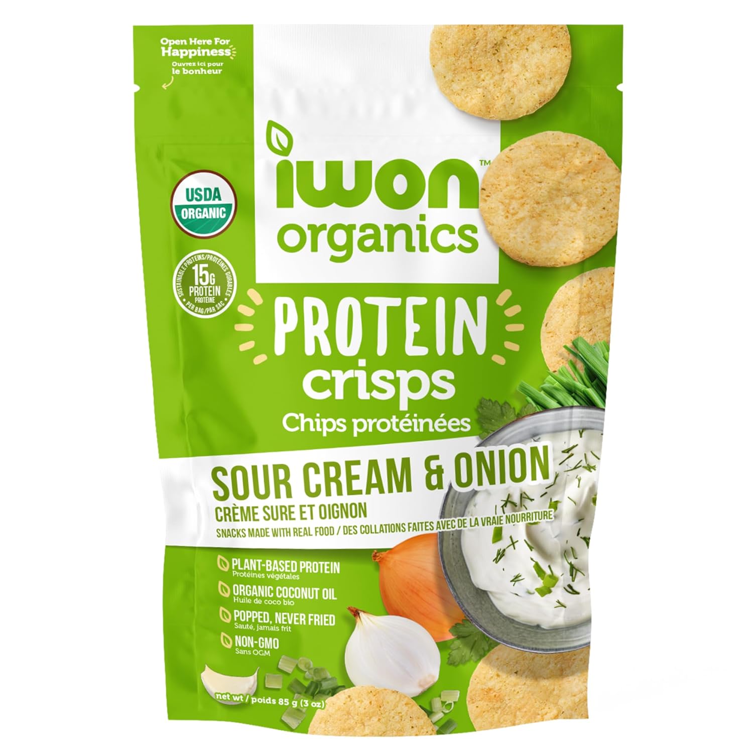 Iwon Organics Protein Crisps, Sour Cream & Onion, Kosher, USDA Certified Organic, Gluten Free & Non-GMO, 3 Ounce (Pack of 8)