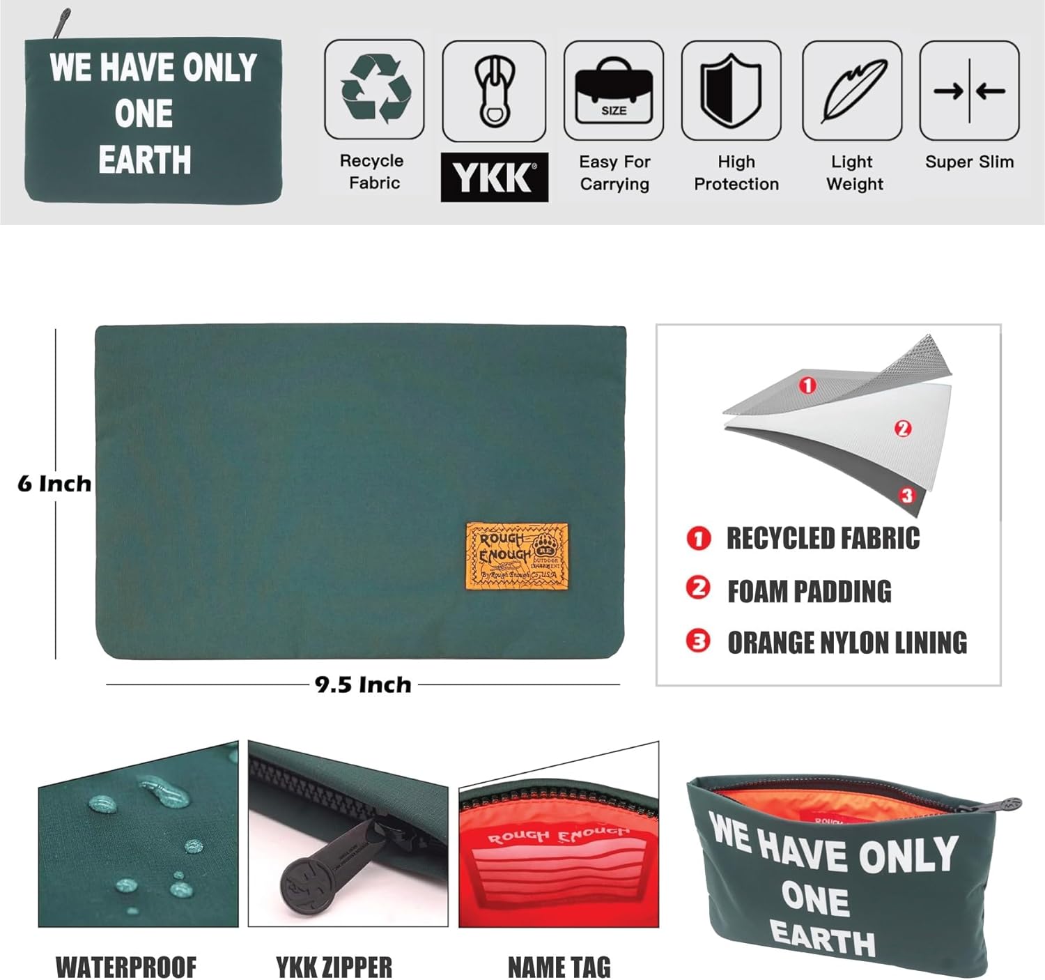 Rough Enough Large Pencil Case Pen Pouch Back to School Supplies Art Bag for Boys Girls Students Office Travel with Zipper Recycled Nylon Foam Padding