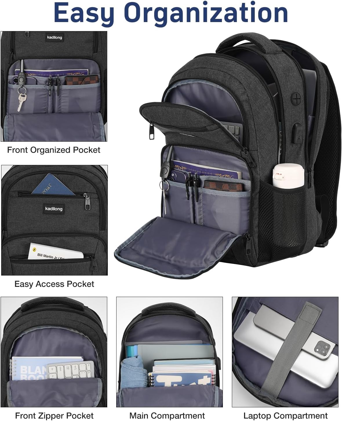 Laptop Backpack Men Book Bag for Women,School Backpacks for Teen Boys with USB Charger,Back Pack Anti Theft with 15.6 Inch Laptop Compartment for Business College High School,Black - Image 2