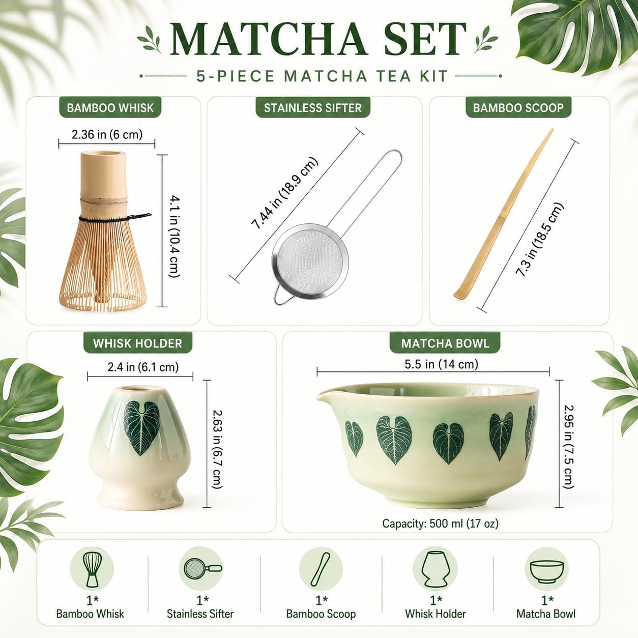 Buucup Matcha Whisk Set, Matcha Bowl Set ，5 Pcs Matcha Kit (Ombre Leaf)