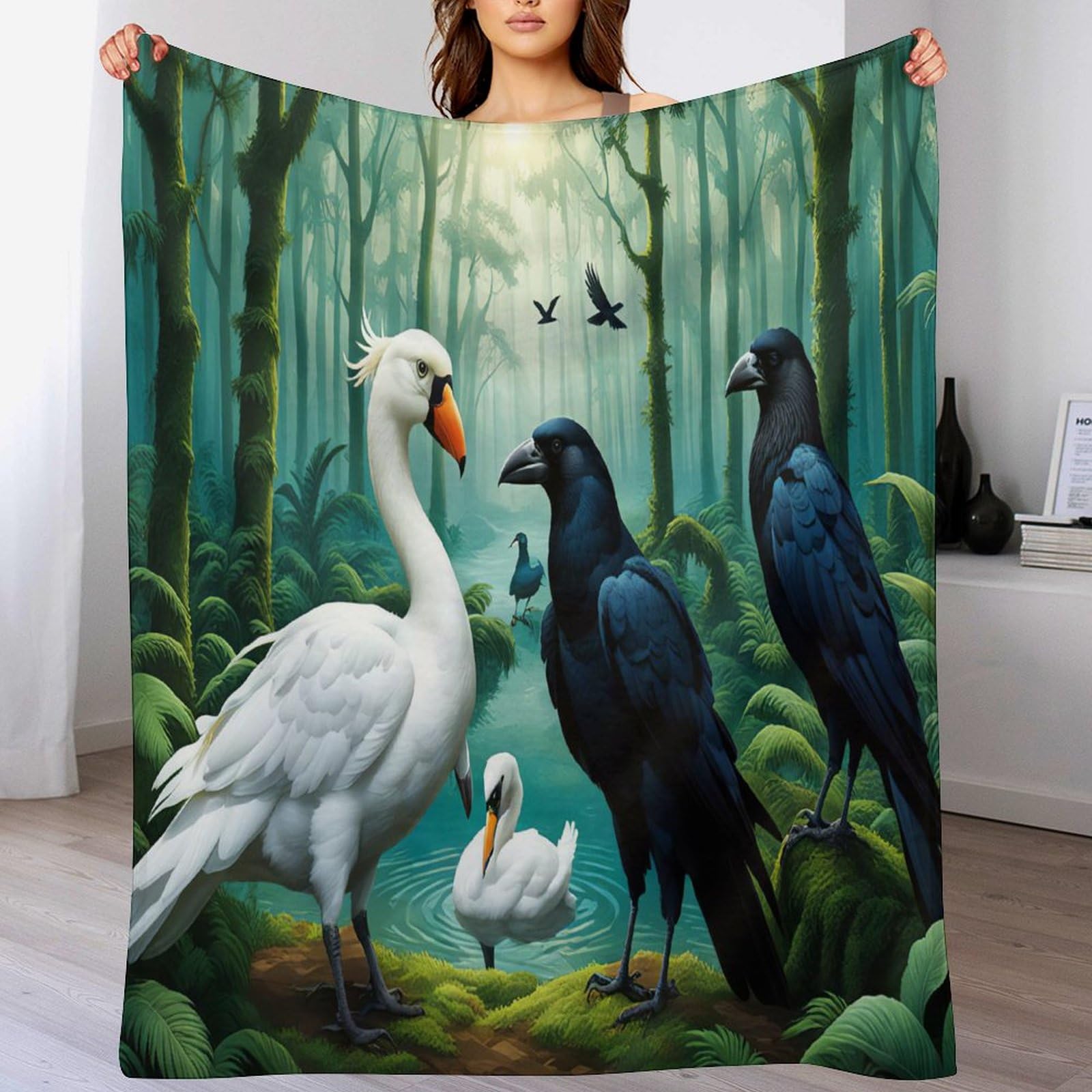 Couverture imprimée corbeau oiseau plaid flannel doux toutes saisons 180x200