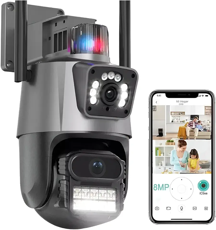 Câmera de Segurança Dupla Wi-Fi com Duas Lentes Full HD, Visão Noturna, Sirene, Detecção de Movimento, Áudio Bidirecional, Proteção IP66, Rotação 355º, Ambientes Externos e Internos Premium