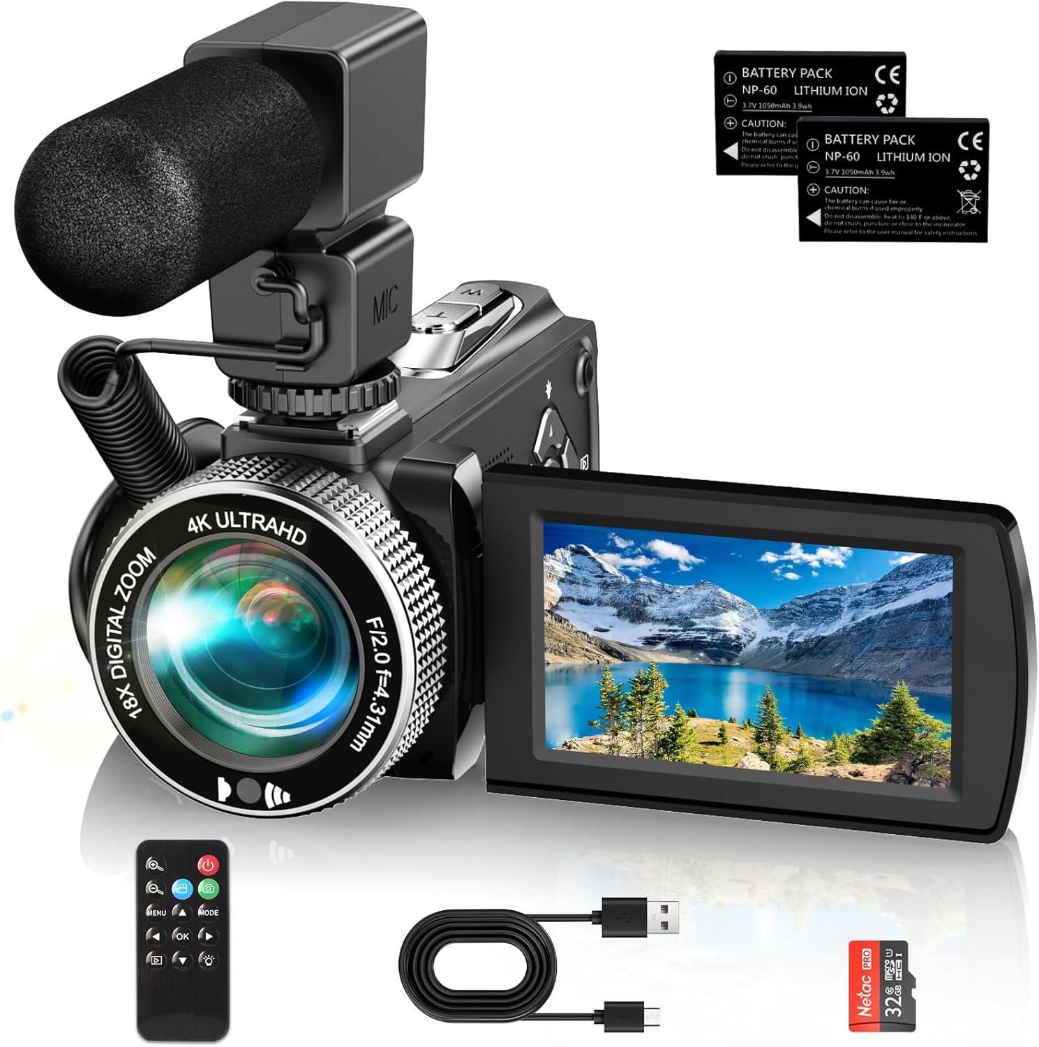 4K Video Camera Camcorder 48MP, 3.0″ Touch Screen,18X Digital Zoom IR Night Vision with Microphone/Remote Control/ 32G Card/ 2 Batteries