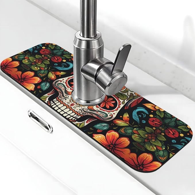 Colorful Sugar Skull Faucet Mat For Kitchen Sink 1 Pc Super Absorbent Fast Drying Mat Sink Splash Guard Faucet Mat For Home Bathroom Kitchen Counter 5.5