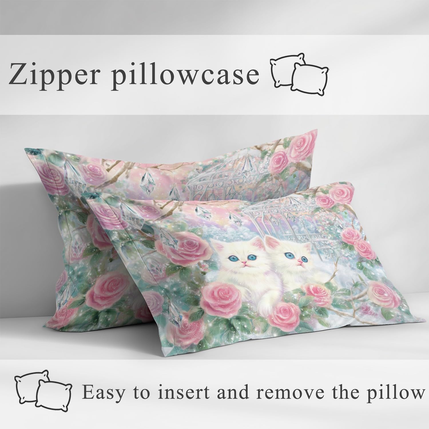 Juego de sábanas bajeras tamaño King de 30 cm de profundidad, diseño floral de rosas y gatos, microfibra cepillada suave, resistente a la decoloración, transpirable, 150 x 200 cm