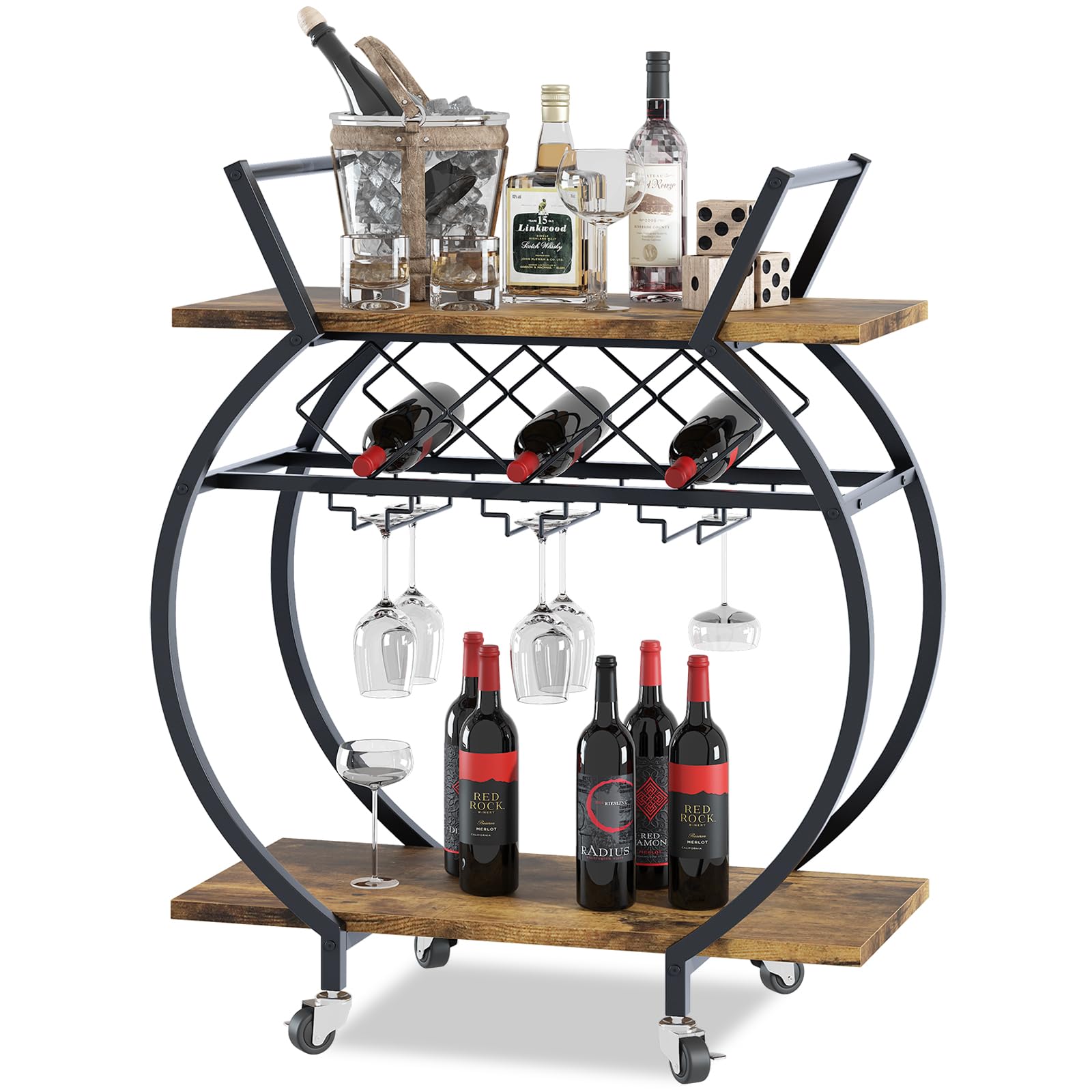 Bar Carts 2 Tiers Rolling Home Serving Cart with Wine Rack and Wheels,Modern Rustic Brown Metal Round Wine Cart,Industrial Mobile Storage Kitchen Trolley for Kitchen, Bar, Living Room