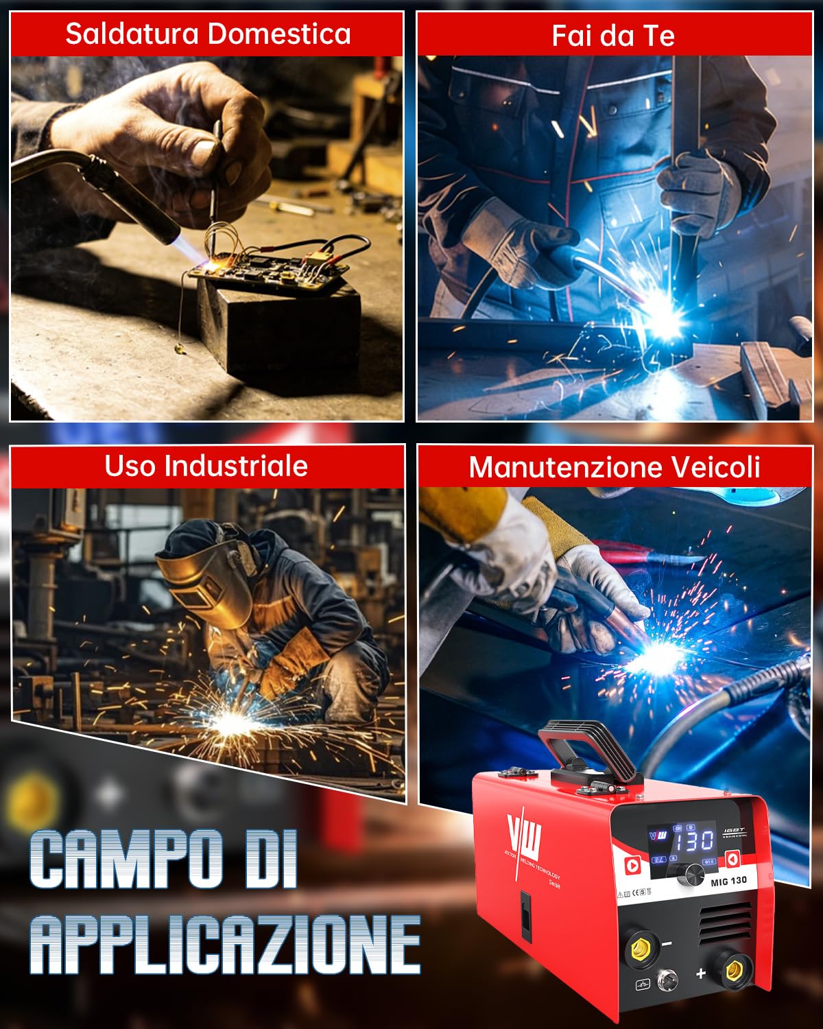 MIG 130A Saldatrice a Filo Continuo No Gas - Inverter Saldatore Portatile 3 in 1 (ARC/Flux MIG/STICK) con Maschera Auto-Oscurante e Torcia - Tecnologia IGBT Compatto per Principianti - VECTOR WELDING