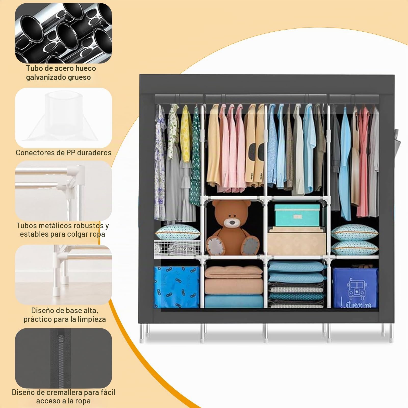 Armario portátil de tela, armario estable para colgar para dormitorio, perchero de metal con funda de tela Oxford, 165 x 170 x 45 cm