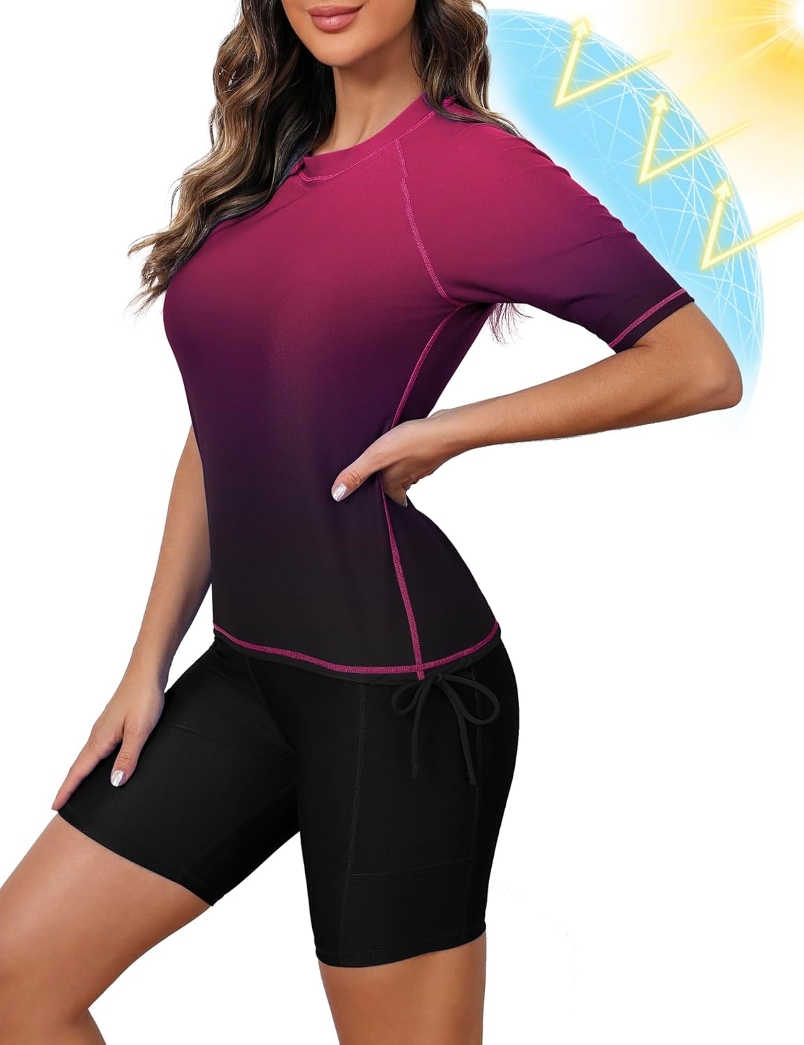 Tournesol Women's Two Piece Rash Guard Short Sleeve Swim Shirts UPF 50+ Built in Bra Swimsuit with Boyshorts with Pockets