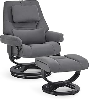 M MCombo Relaxsessel mit Liegefunktion, Lesesessel, 360° Drehbarer Fernsehsessel mit Hocker, mit Verstellbares Kopfkissen, Lendenkissen & Seitentasche, TV-Sessel für Wohnzimmer, 9046