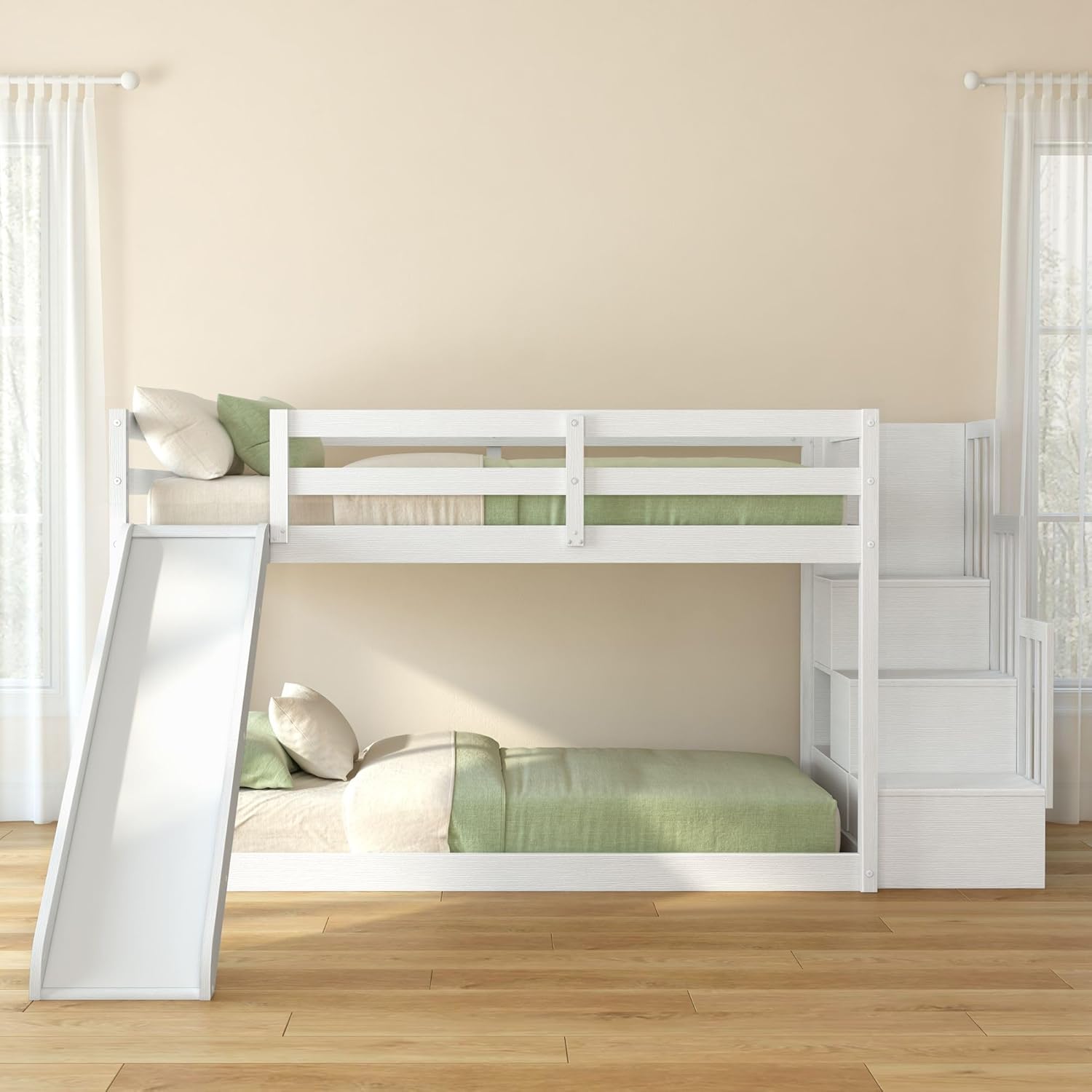 Grain & Grove Bear Twin Over Twin Bunk Bed with Slide and Staircase, Low Bunk Bed Frame for Kids, Bunk with Ladder, Guardrail, and Slats, No Box Spring Required, Brushed White