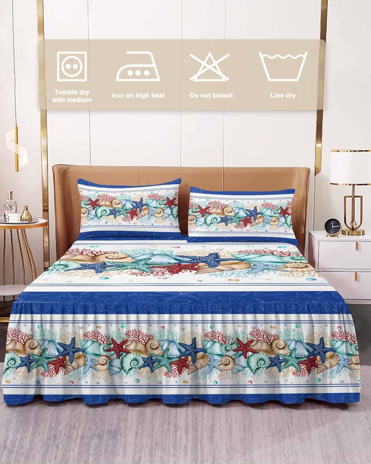 Starfish Navy Blue Bed Skirt for King Size Bed,Wrap Around Bedding Skirt Dust Ruffle Bedskirt Sets With 2 Packs Matching Pillow Covers 36"x20",18" Drop,Tropical Ocean Coral Seaside Shell Pearl