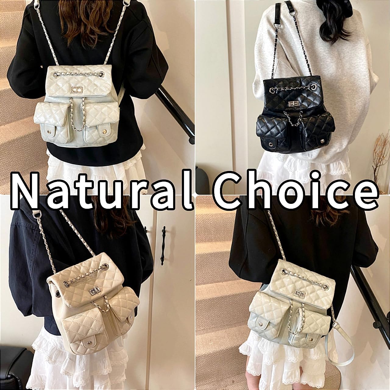 Cute Quilted BackPack for Women Small Vintage Travel Purse Boho Shoulder Handbags with Pockets Chain and Zipper