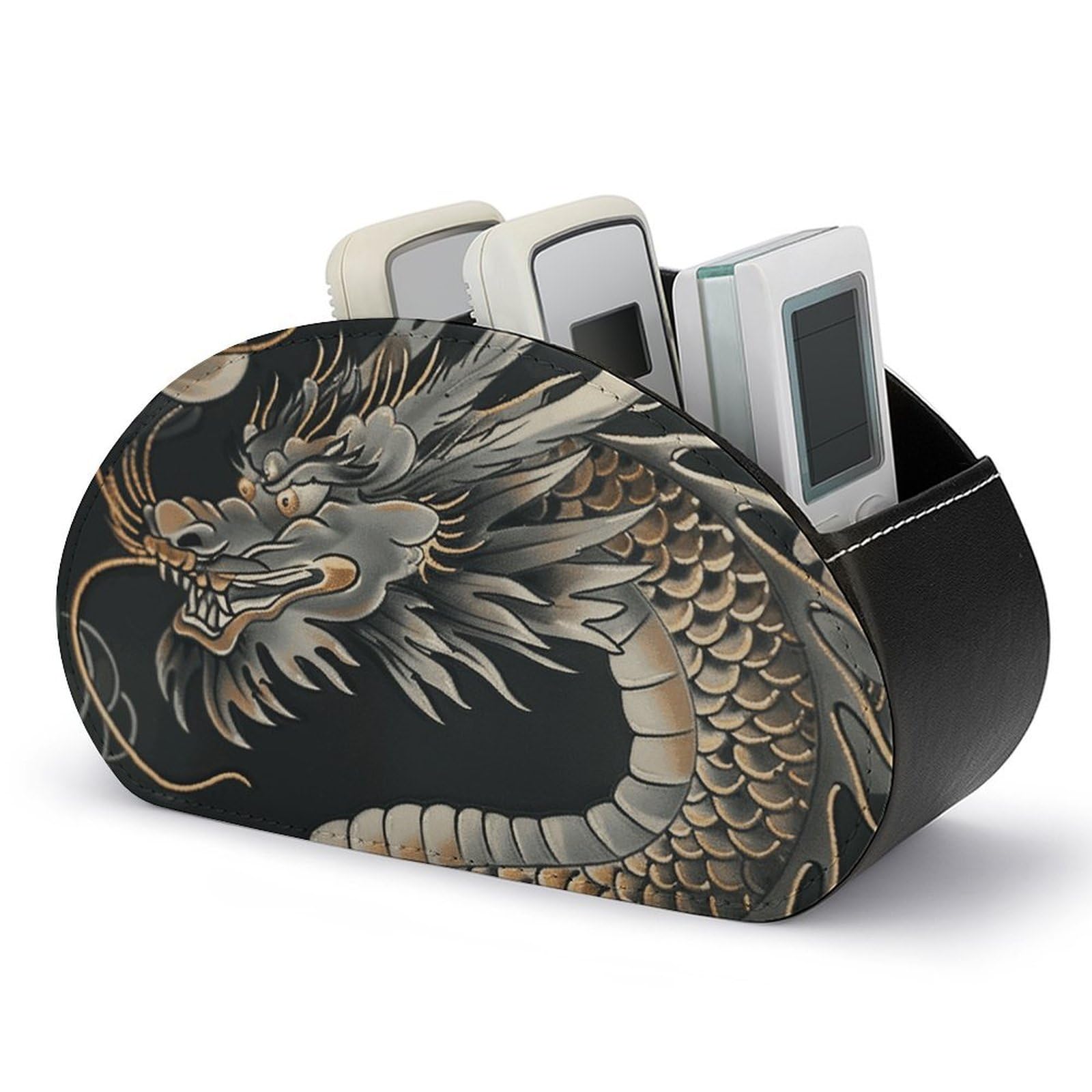 JTREHY Black Oriental Dragon Remote Holder with 5 Compartments PU Leather Remote Caddy Box Multifunction Desk Holder Organizer Box Tray Bedside Table Storage Organizer