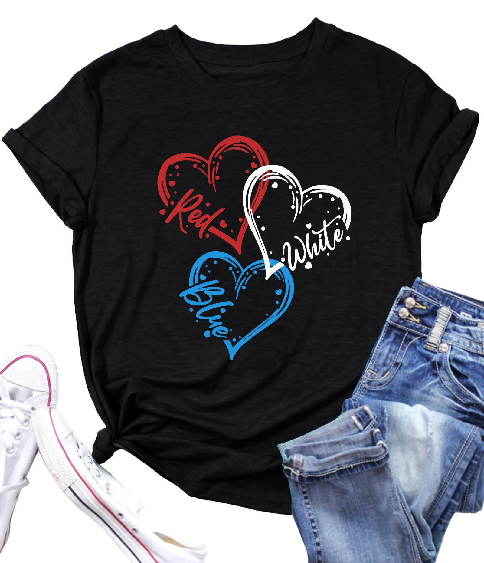 VVNTY American Flag Heart Shirt Women Patriotic T-Shirt 4th of July Graphic Tees Shirts USA Flag Star Stripe Tops