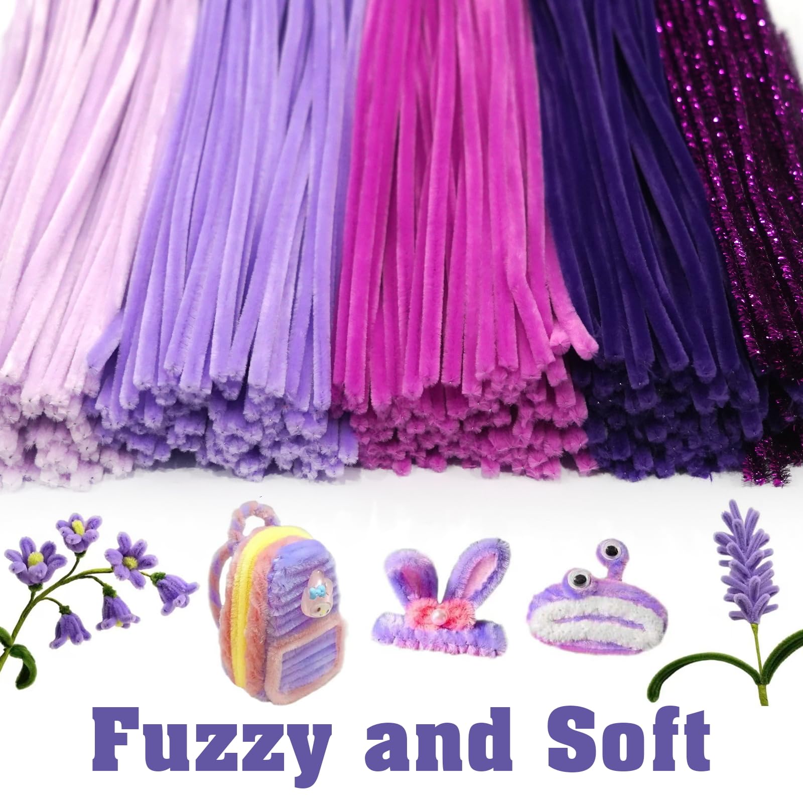 Lot de 500 cure-pipes violets, 5 couleurs assorties pour travaux manuels, cure-pipes d'Halloween, tiges pelucheuses en chenille pour loisirs créatifs, projets créatifs