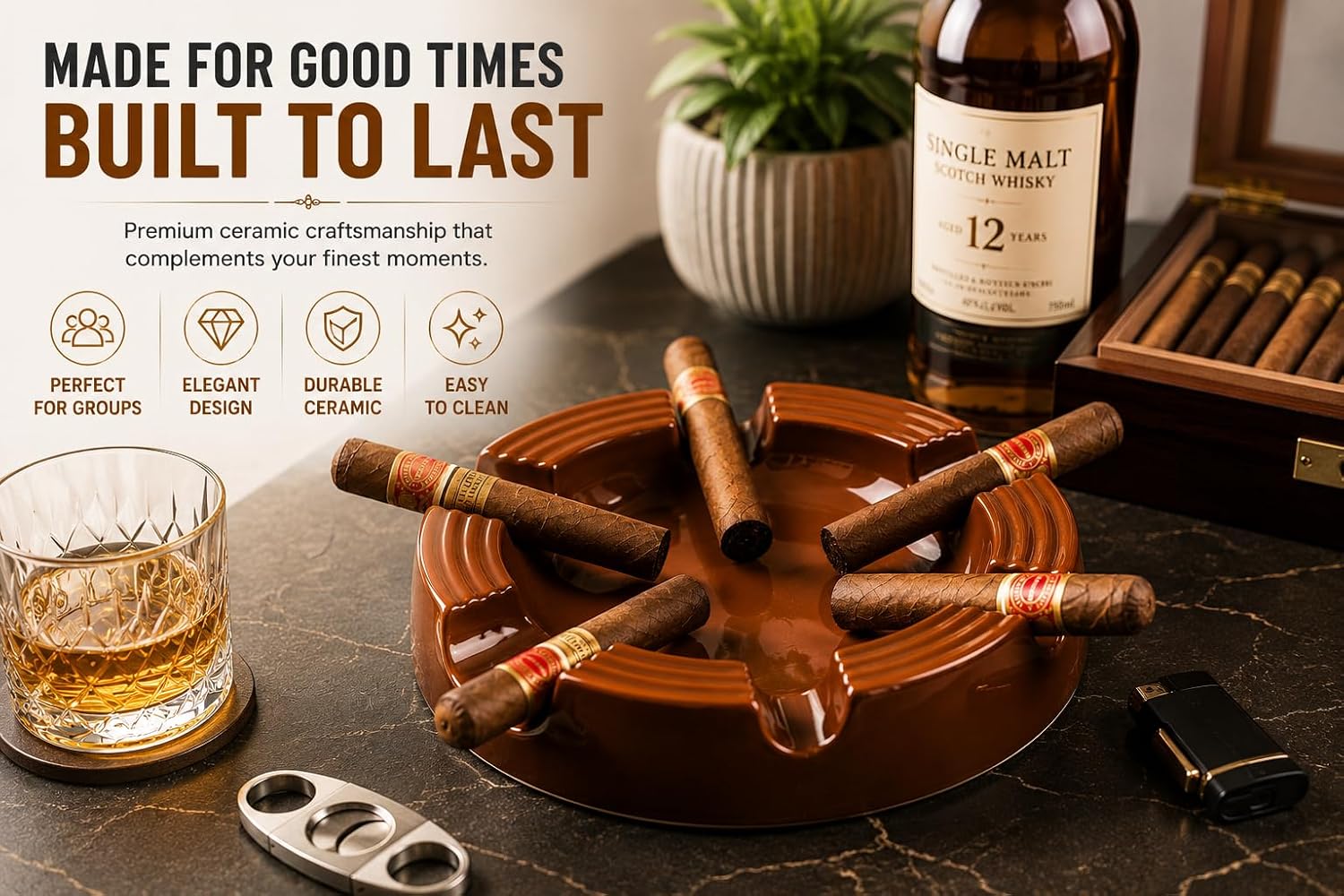 House of Ash Ceramic Cigar Ashtray for 6 Cigars, Large Heavy-Duty Brown Ash Tray with 6 Cigar Rests, Round Vintage Cigar Accessory for Home Bar, Patio, Office, Lounge & Man Cave