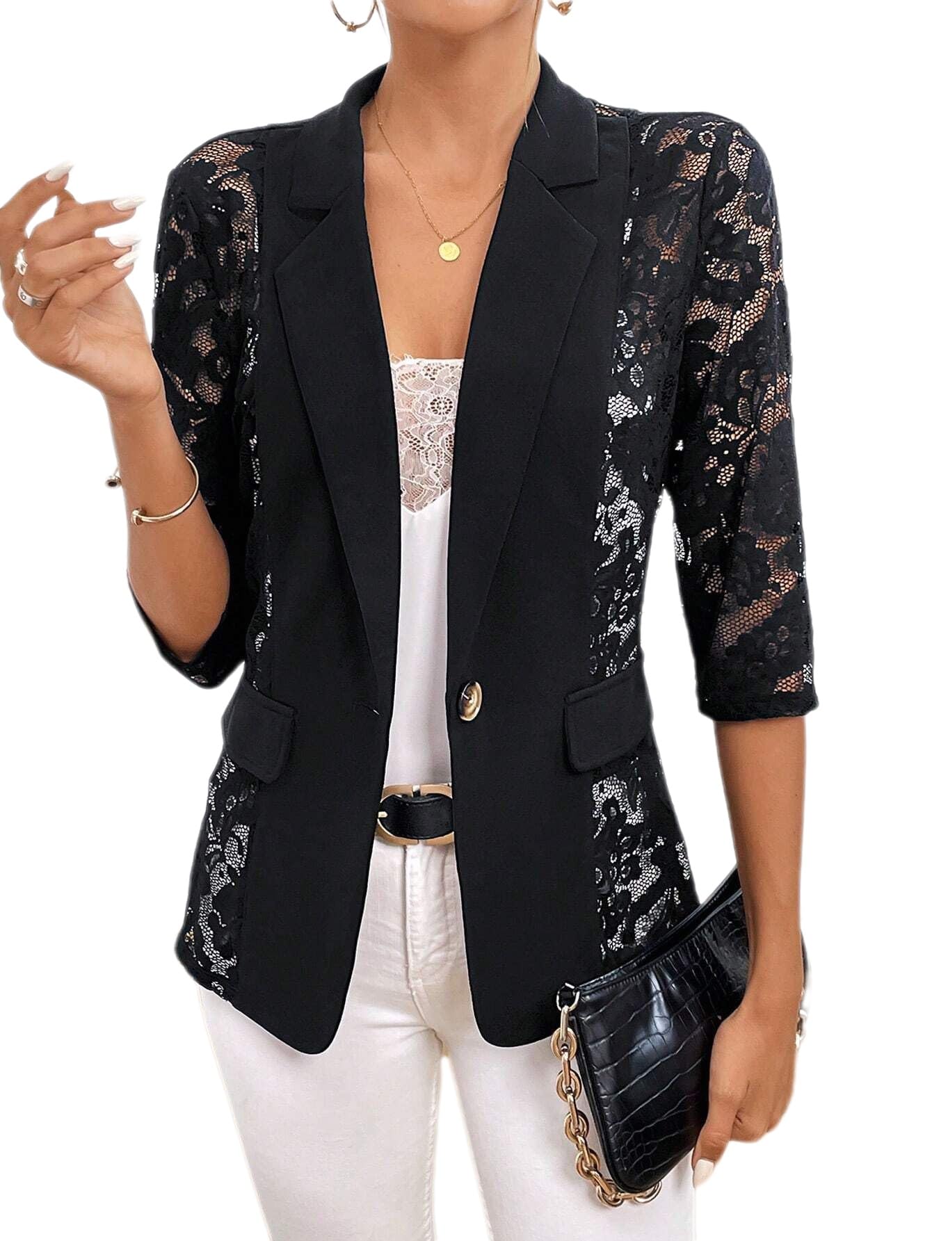 Womens Blazer Lace Mesh Crushed Cardigan Jacket 3 4 Long Sleeve Patchwork Blazer