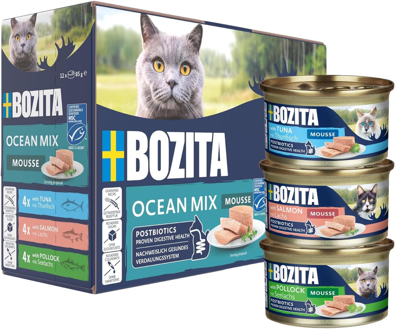Bozita Mousse Ocean Mix – 12 × 85 g våtfoder för katter med tonfisk, lax eller sej – spannmålsfritt, utan socker & färgämnen – med postbiotika för en hälsosam tarmflora