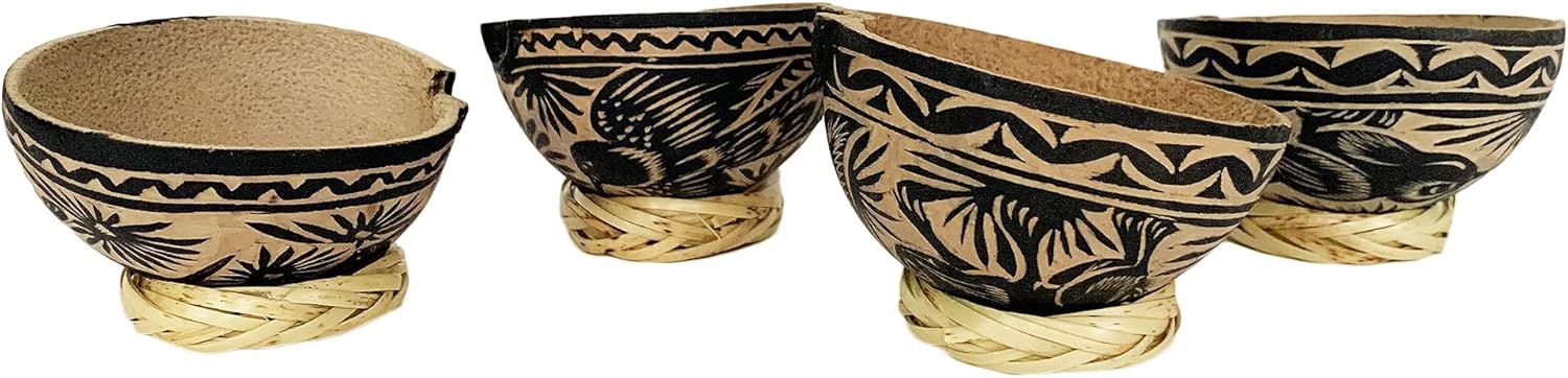 Mezcal Jicaras (Small, Shot Glass Size)- Holds 2-3 Ounces -Hand-carved from Mexico with Natural Fiber Base (Black, 4)
