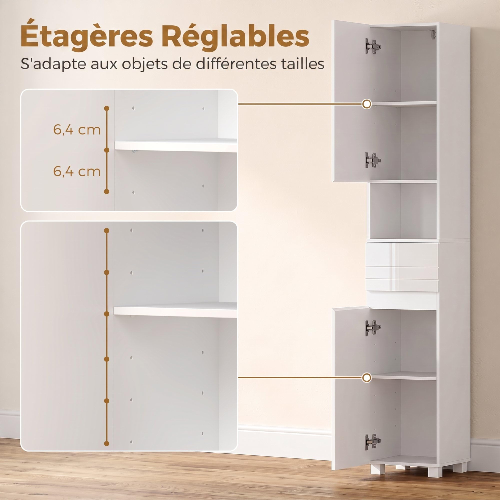 HOMCOM Meuble de Salle de Bain avec 2 Portes, Tiroir, 30x30x170cm, Blanc