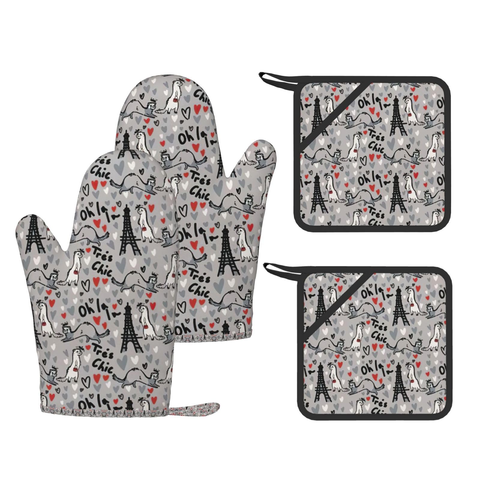 French Fashion Model Ferrets Printed Pot Holders and Oven Mitts 4-Piece, Non-Slip Kitchen Gloves with Utensil Pocket for BBQ