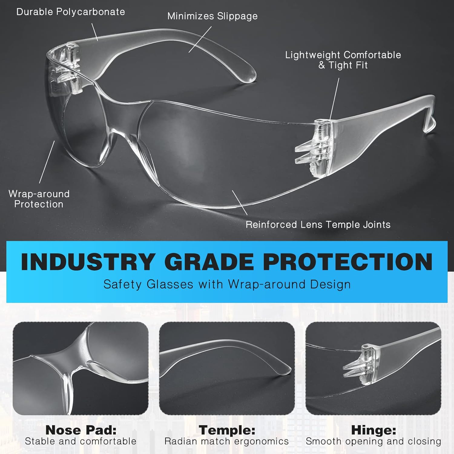 WFEANG Safety Glasses - Eye Protection Glasses with ANSI Z87.1, Scratch & Impact Resistant, Clear Protective Eyewear for Work, Lab, Construction (25pack Clear + 25pack Grey) - Image 3