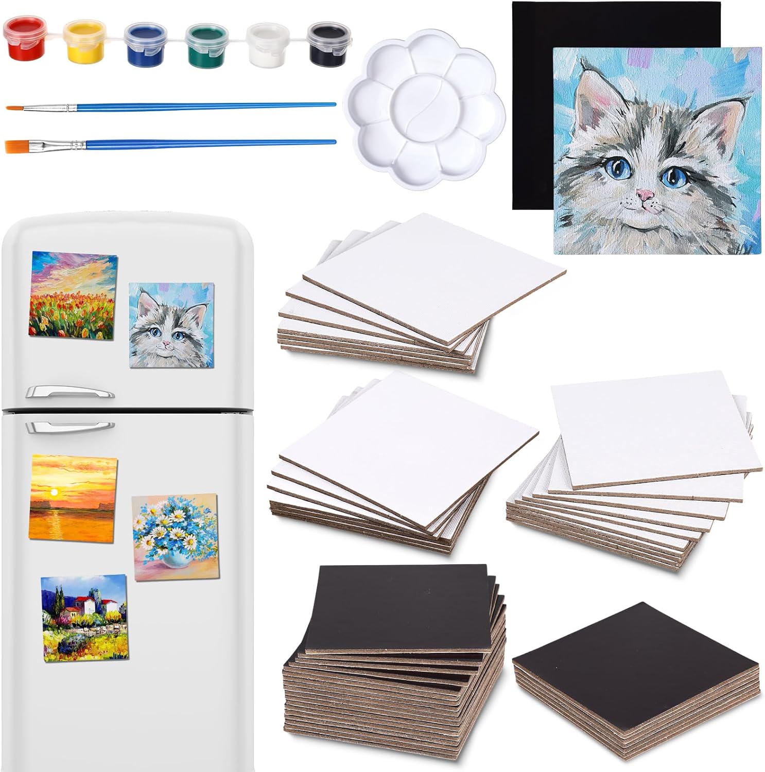 Engrowtic 30 Pcs 4 x 4 in Mini Magnetic Canvas Panel Small Square Canvases for Painting with Watercolor Paint Palette Painting Brushes for DIY Crafts Acrylic Art Paint Gift