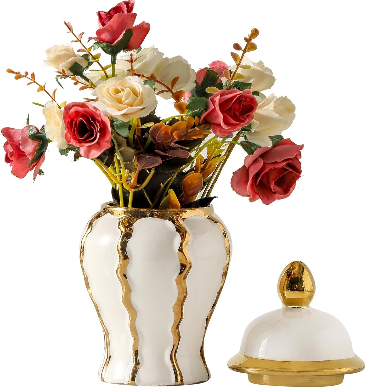 Ginger Jar, White and Gold Ginger Jar with Lid Ceramic Flower Vase for Home Decor, Storage jar, Table Center Vase Temple Jar, Decorative Centerpiece for Home, Living Room(12in