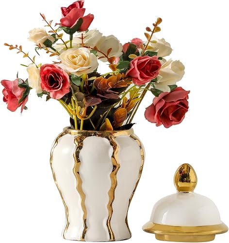 Small White and Gold Vase, 6.8in Decorative Ceramic Ginger Jar with Lid, Chinoiserie Decorative Vase, Mini Ginger Jars for Home, Office, Wedding Decor