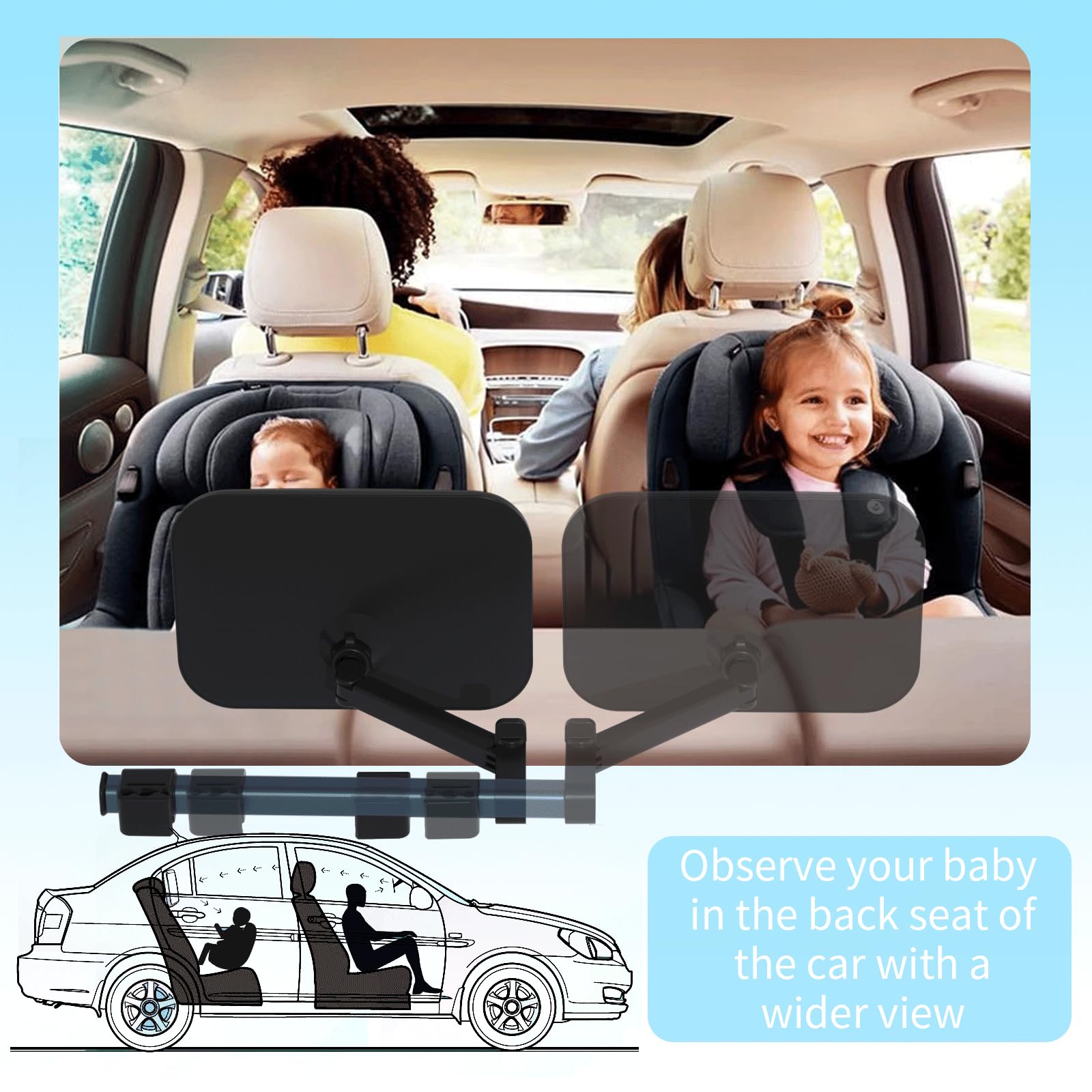 Lusterko wsteczne dla dzieci 360° samochodowe dla niemowląt z wysuwanymi ramionami + 2 naklejki Baby On Board i 2 haczyki na zagłówek