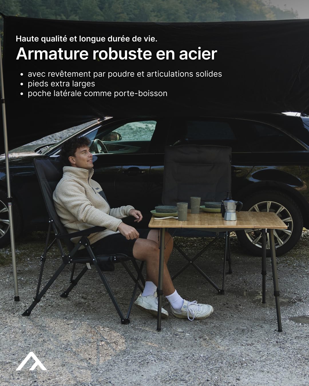 Chaise Camping Relax Johnny Qeedo – Pliante Inclinable Avec Repose-Pieds, Porte-Boisson, 105 Kg Max