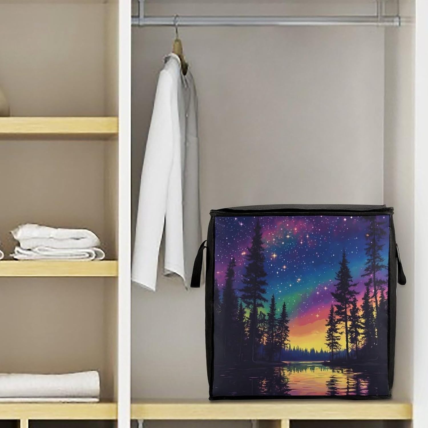 Colorful Aurora Starry Sky Lake Large Comforter Blanket Storage Bags Bins 70L Closet Organizer with Handles