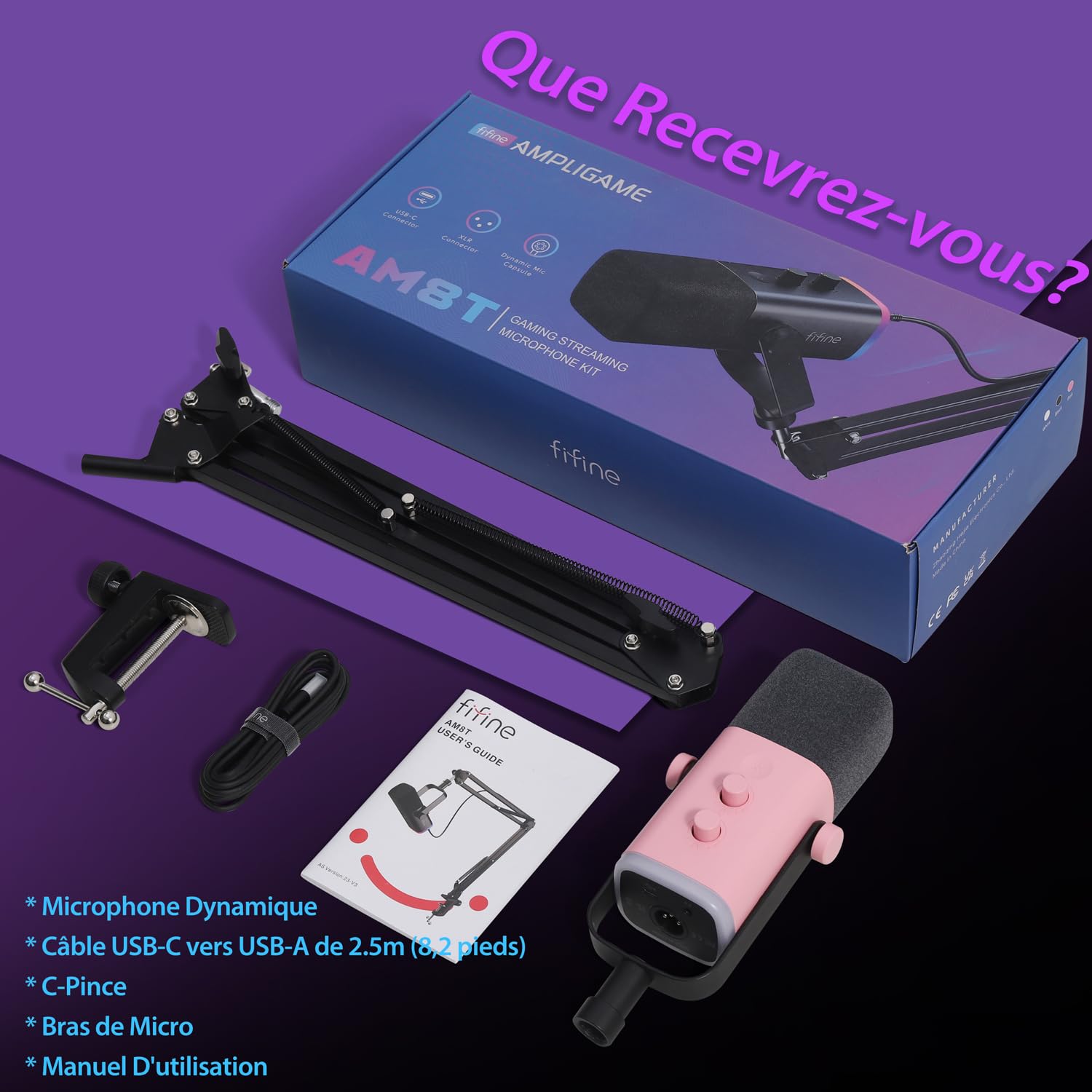 FIFINE USB/XLR Streaming Micro Gaming pour PC PS4 PS5, RGB Cardioïde Dynamique Microphone avec Support, pour Mixer Cartes Son, pour Gaming, Podcasting, Broadcasting, Enregistrement Vocal - Rose