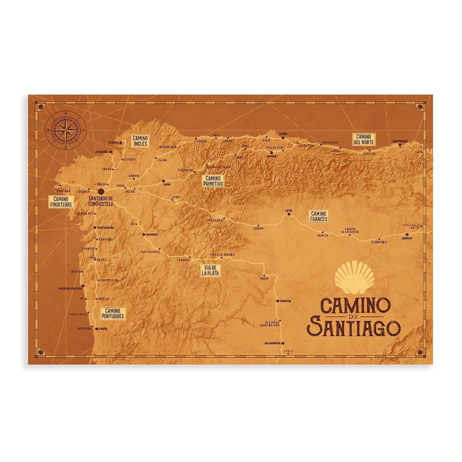QNVJQKDSI Camino De Santiago Map Vintage Canvas Poster Wall Art Decor Print Picture Paintings for Living Room Bedroom Decoration 24" L X 36" W