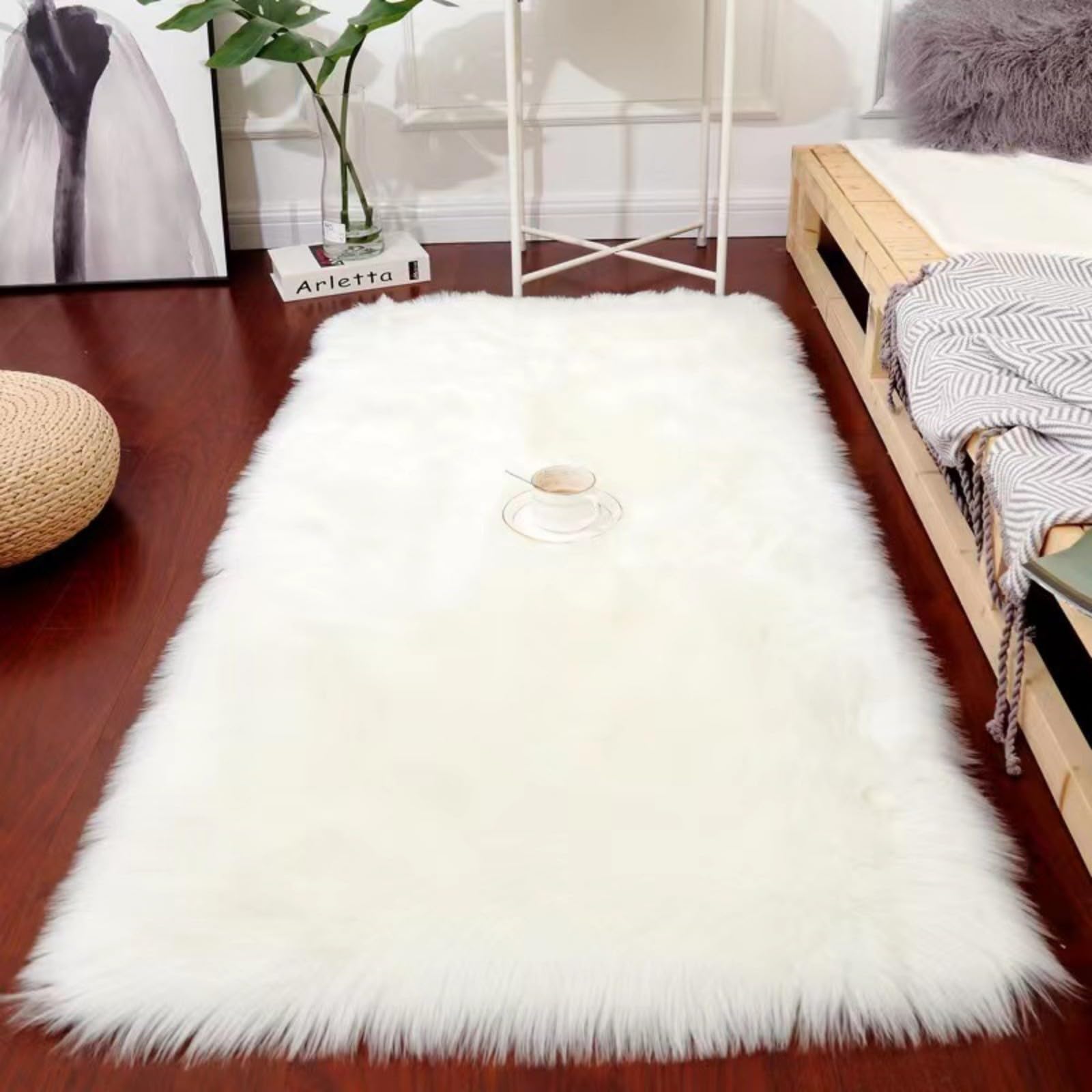 champracer Teppich plüschteppiche Waschbar Fellteppich Weiß Langflor Wohnzimmerteppich Flauschig Kunstfell Hochflor-Teppich Dekofell für Schlafzimmer,Kinderzimmer (Weiß,60 * 180 cm)