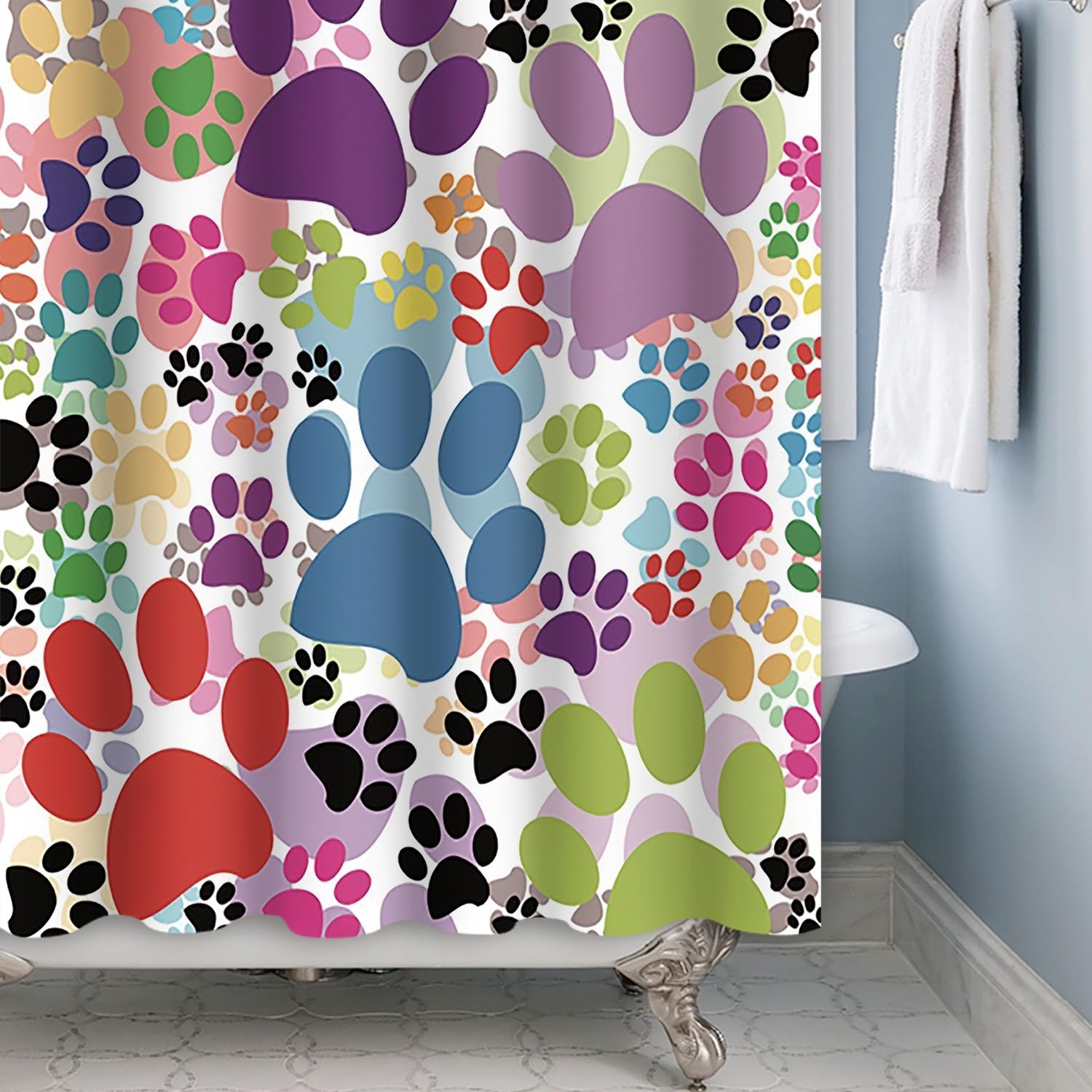 Xiaoterna Dog Paws Shower Curtain Cute Dog Pet Paws Animal Lover Claw Footprint Bathroom Curtain Colorful Cartoon Dog Cat Paw Mould and Mildew Resistant Machine Washable Shower Curtain 180x220cm - Image 4