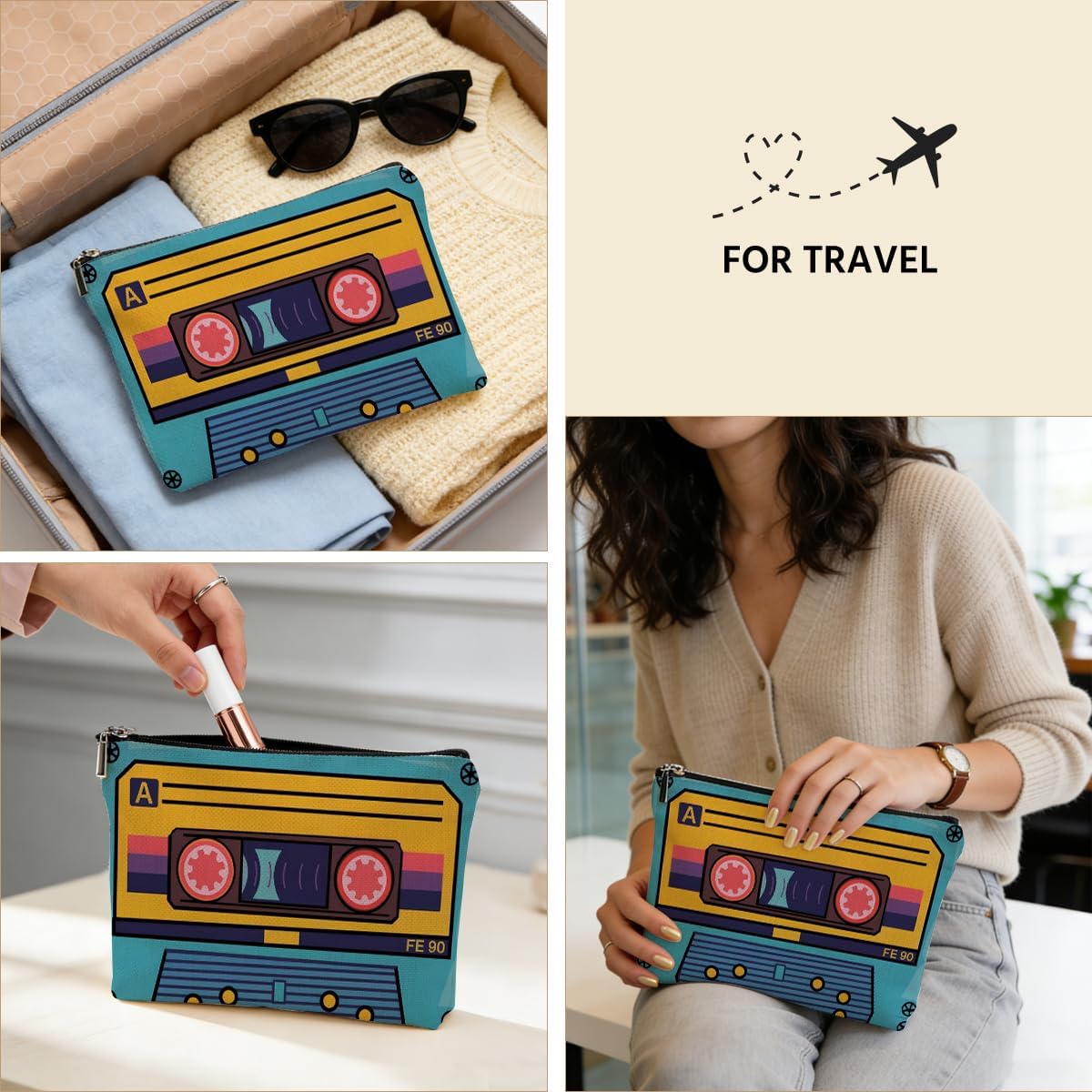 Retro Cassette Makeup Bag for Women, Retro Music Lovers Canvas Cosmetic Makeup Pouches with Zipper Travel Makeup Cosmetic Bags, Vintage Themed Toiletry Organizer Pouch Birthday Gifts - Image 5