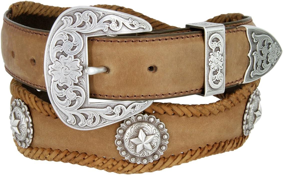 Cowboy Cowgirl Western Star Berry Texas Eagle Star Coin Conchos Crazy Horse Scalloped Genuine Leather Belt 1-1/2"(38mm) Wide