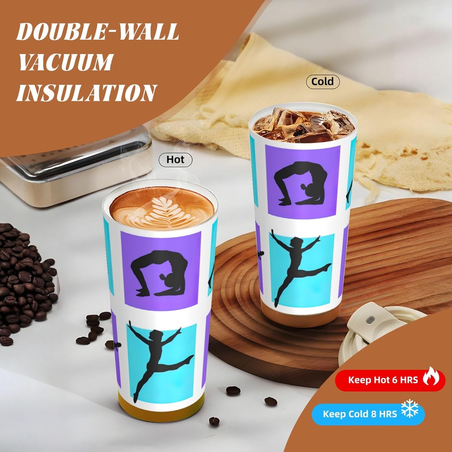 Gymnastics Game Print Leakproof Insulated Coffee Mug,Stainless Steel Dual Drink Travel Tumbler,17 OZ