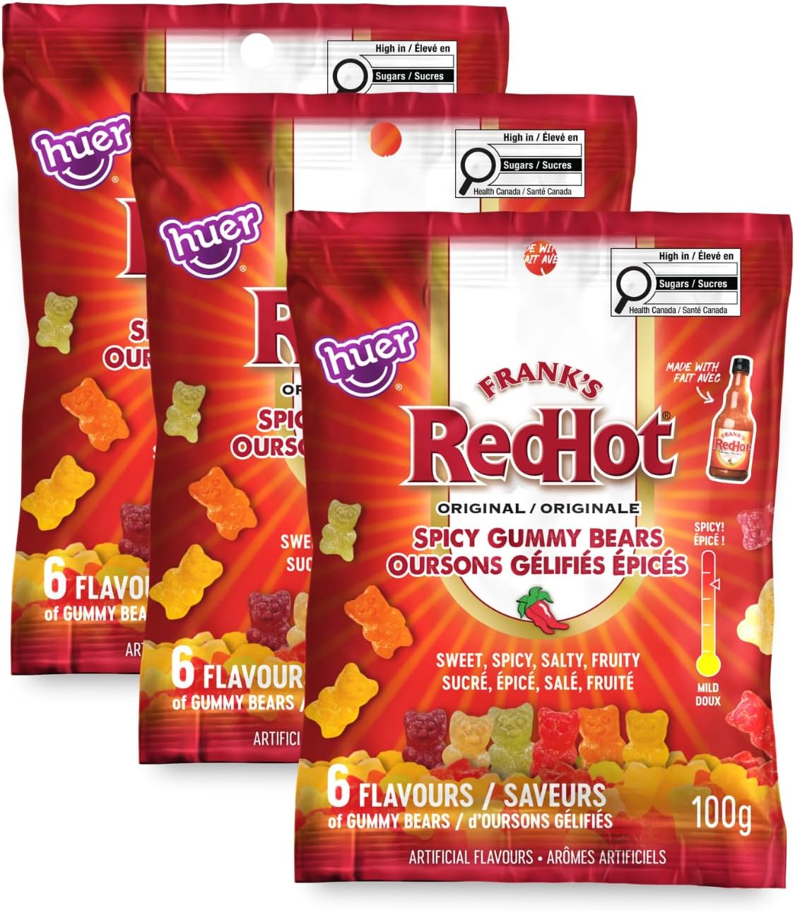 Huer - Frank's RedHot Original Spicy Gummy Bears 3 Pack - Sweet, Spicy, Salty, Fruity Candy - 6 Flavours - A Fiery Twist on Classic Gummies - 100g Bag (Pack of 3)