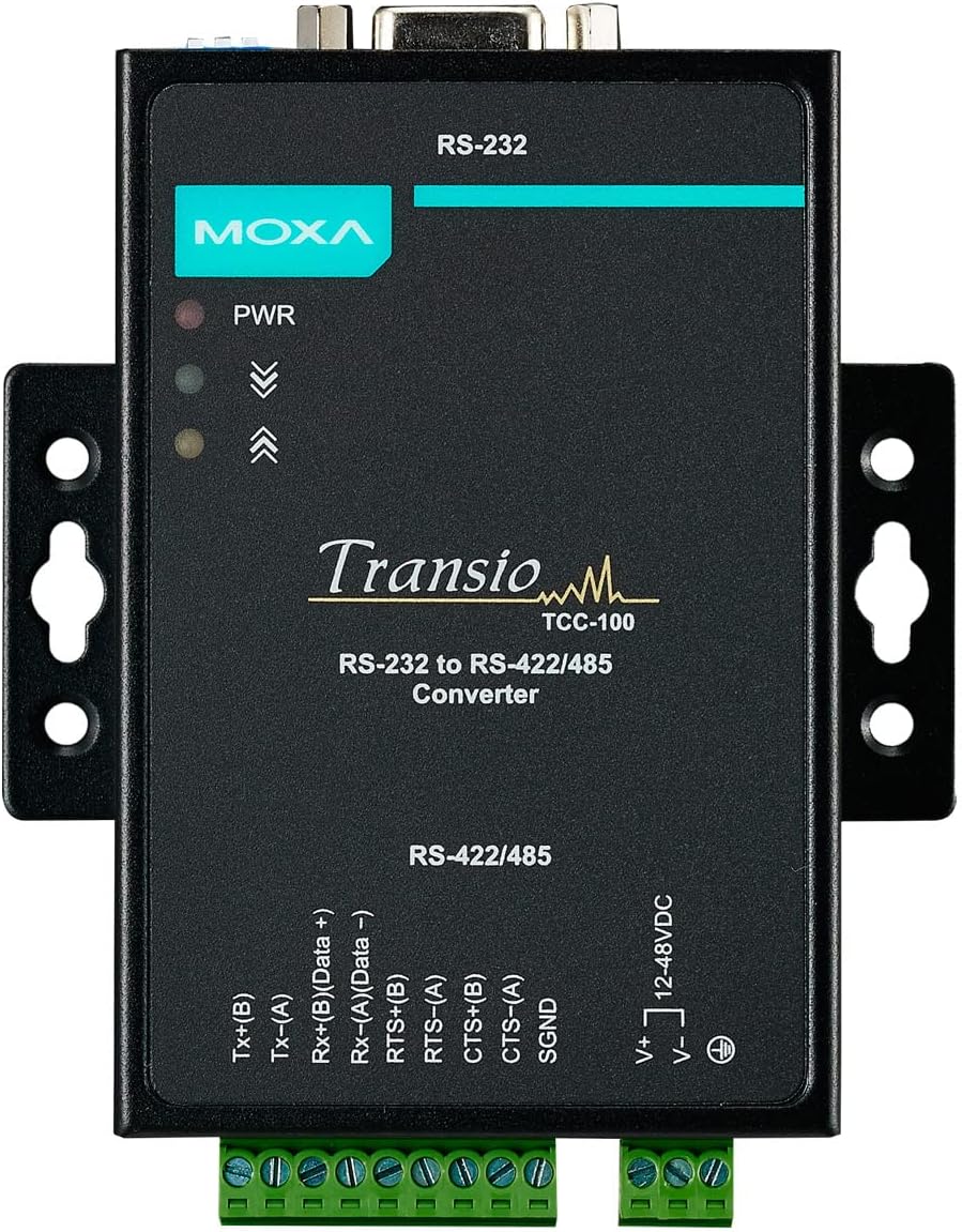 Moxa TCC-100I RS-232 to RS-422/485 Converter top view mostrant blocs de terminals