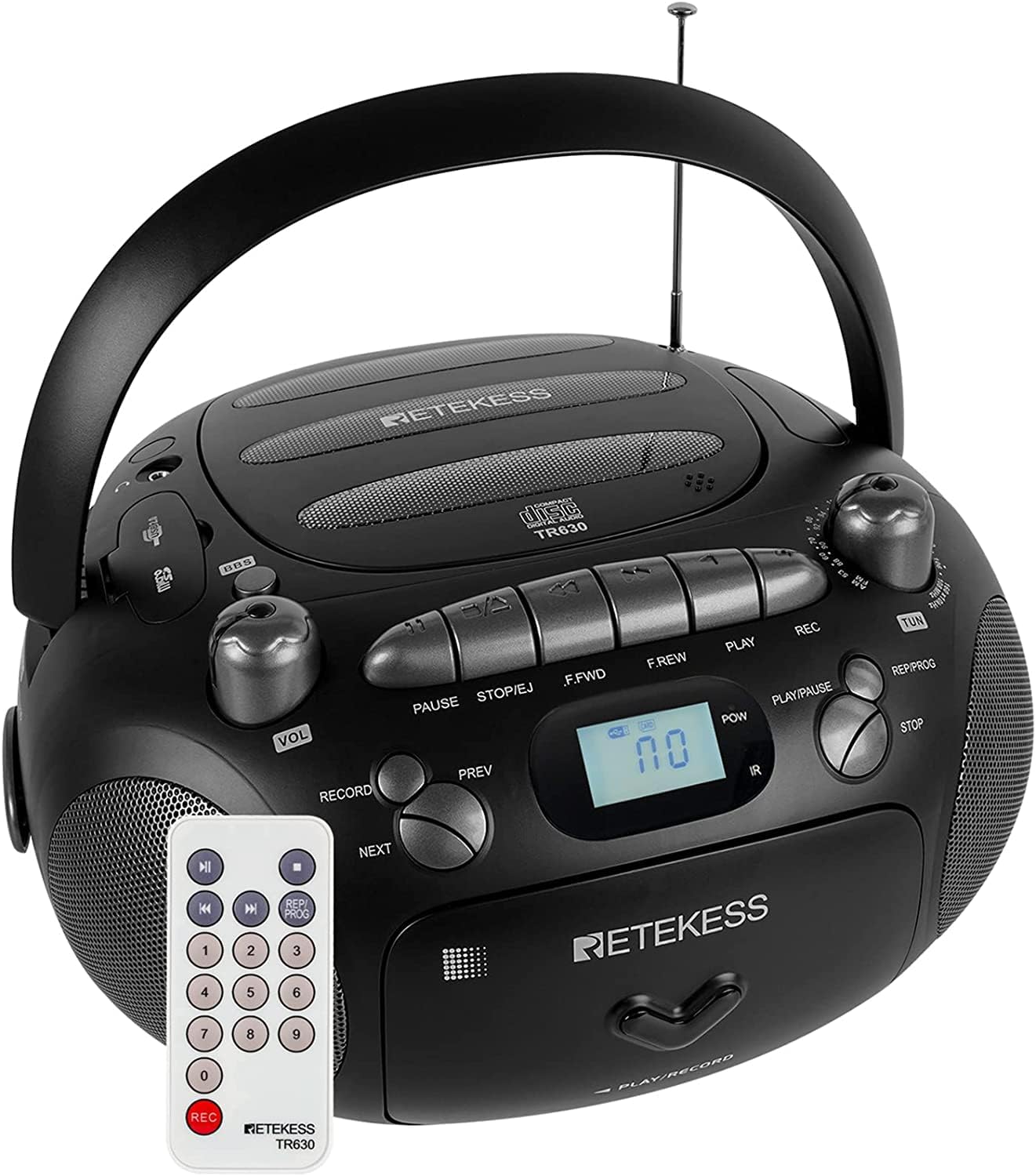 Greadio Lecteur CD portable Boombox avec lecteur de cassette CD, batterie rechargeable 5000 mAh