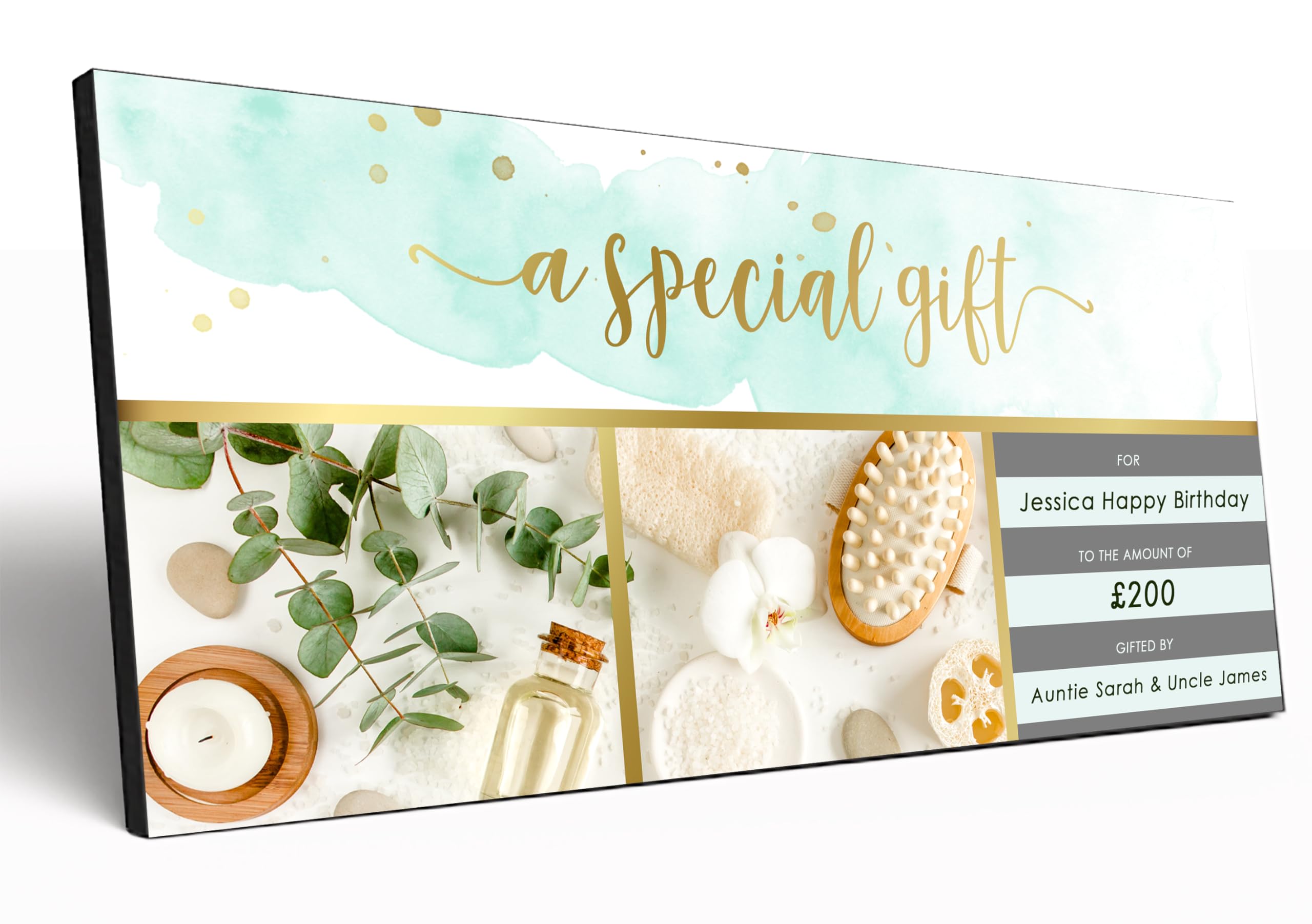 The Plum Penguin Personalised Gift Voucher (20x10cm) 6mm MDF Crafted Memorable Keepsake for All Occasions Customised Gift Certificate (Elegant Spa Gift)