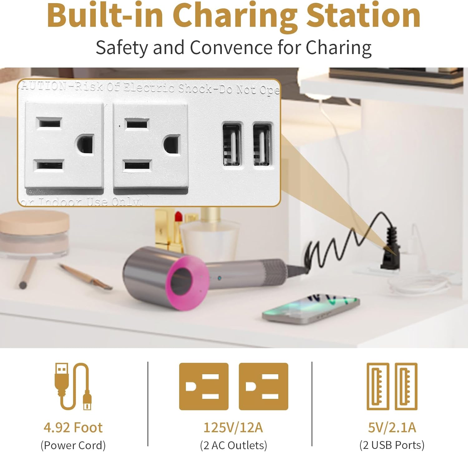 Karl home Vanity Desk with Light Mirror and Charging Station, Dressing Table with Drawers and Storage Shelves, Makeup Desk with 10 Led Lights in 3 Colors, for Bedroom, White