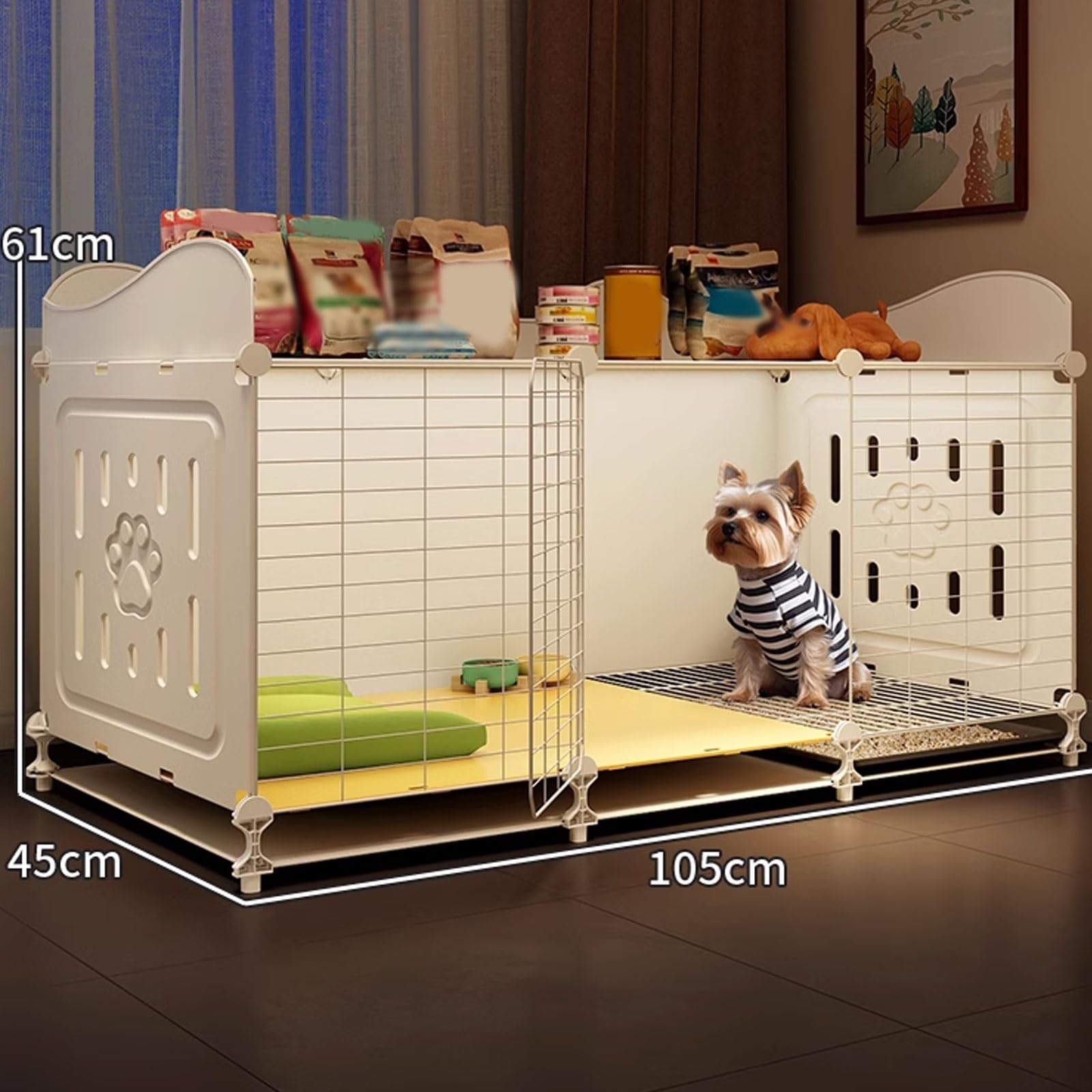 Jaula-Valla para Perros en Casa 70-105x45x61cm | con Puerta Bloqueable, Almacenamiento Superior + Zona Sanitaria | Instalación Sin Taladro, Estructura PP y Hierro(105 * 45 * 61CM)