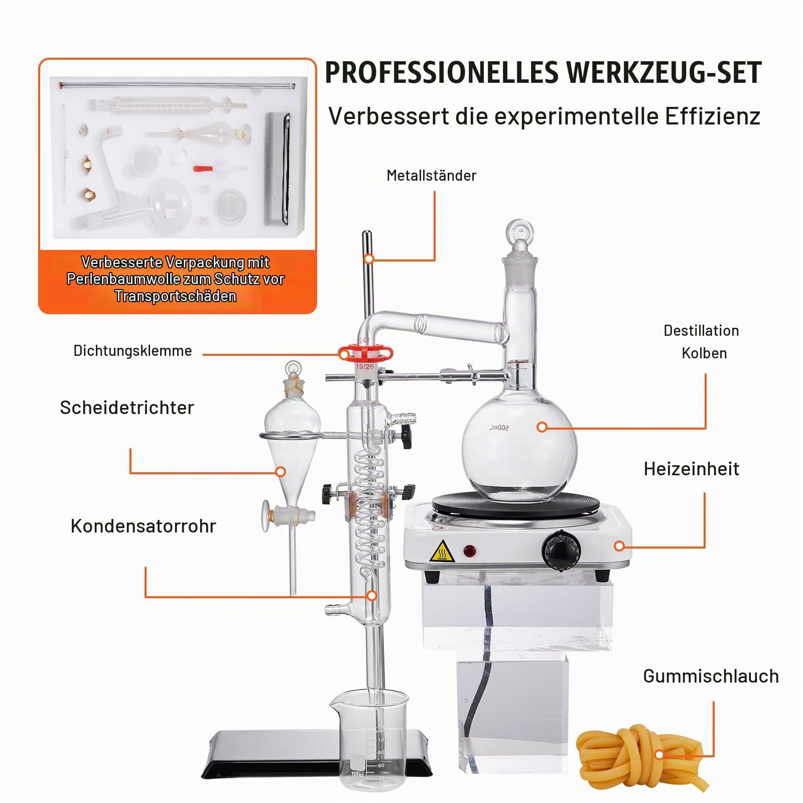 VEVOR Destillationsset für Ätherische Öle, 500 ml Destillationsapparat, 3,3 Boro-Laborglas-Destillationsset mit 1000 W Heizplatte und 24, 40 Gelenken, 33-teiliges Set